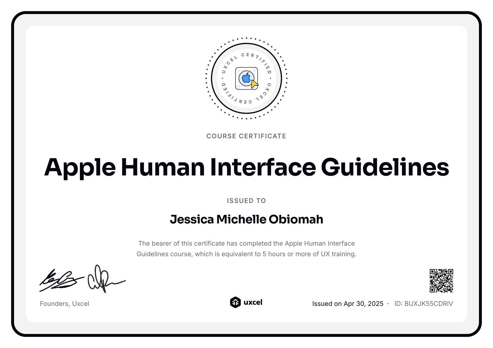 Jessica Michelle Obiomah's certificate